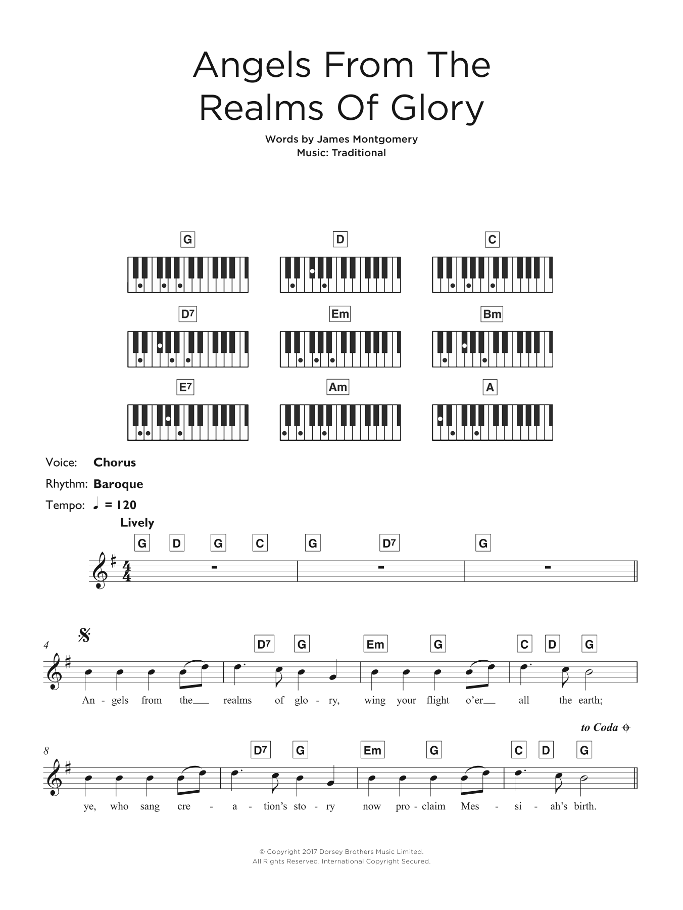 Christmas Carol Angels From The Realms Of Glory Sheet Music Notes & Chords for Lyrics & Piano Chords - Download or Print PDF