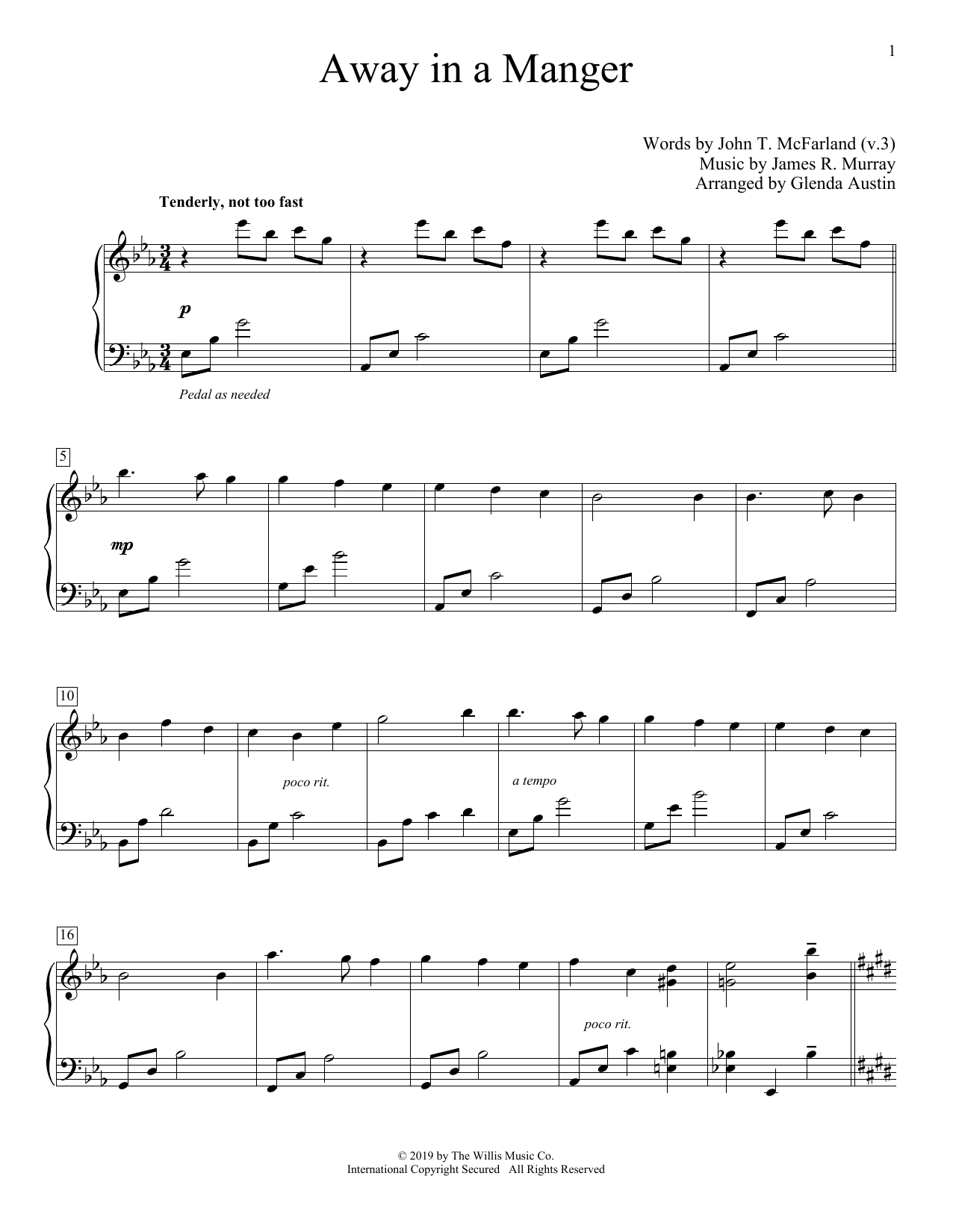 Christmas Carol Away In A Manger (arr. Glenda Austin) Sheet Music Notes & Chords for Piano Solo - Download or Print PDF