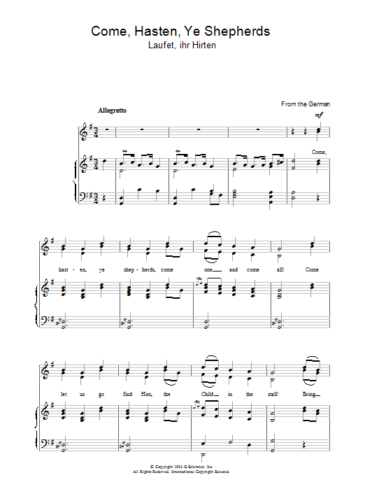 Christmas Carol Come Hasten Ye Shepherds Sheet Music Notes & Chords for Piano & Vocal - Download or Print PDF