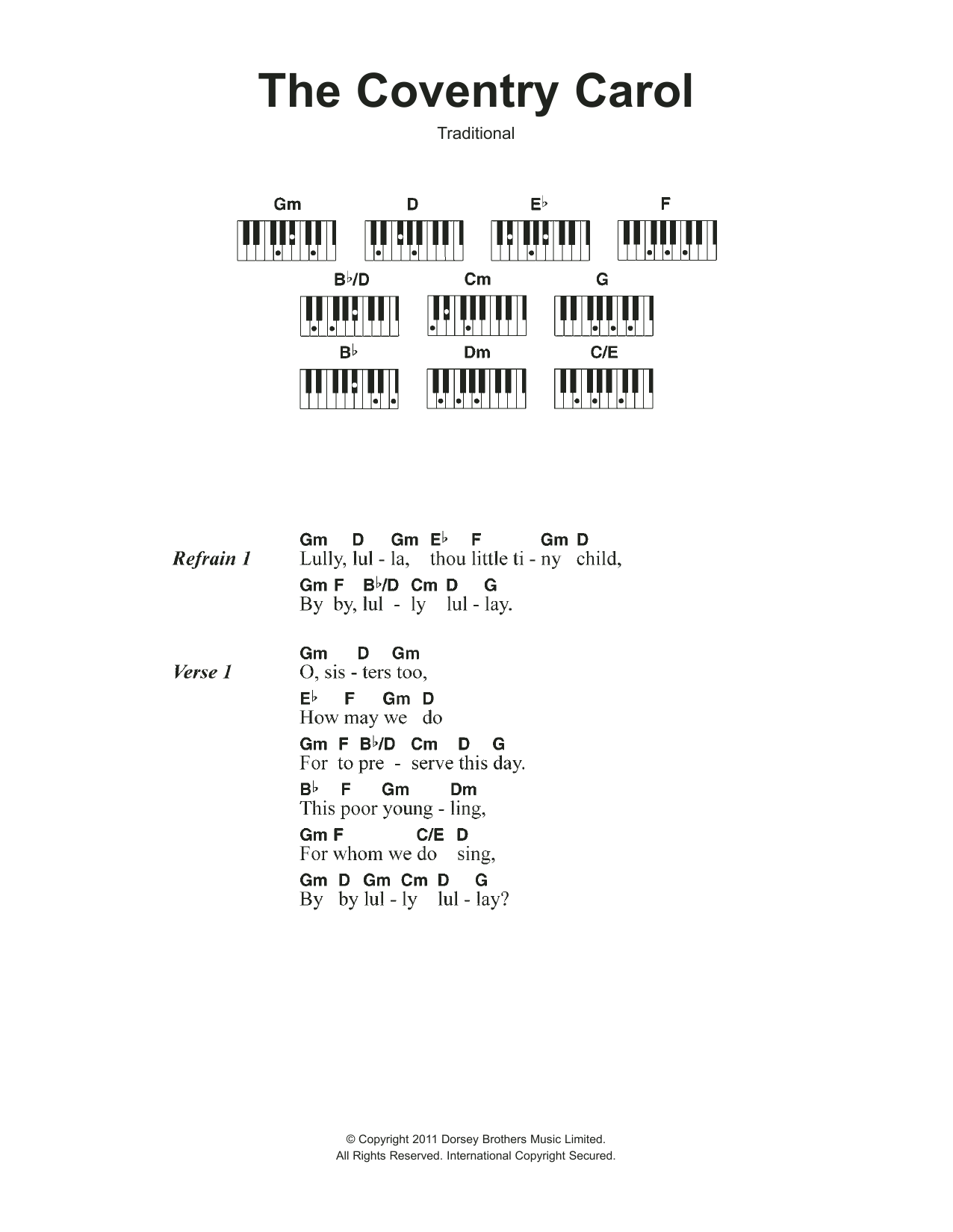 Christmas Carol Coventry Carol Sheet Music Notes & Chords for Lyrics & Piano Chords - Download or Print PDF