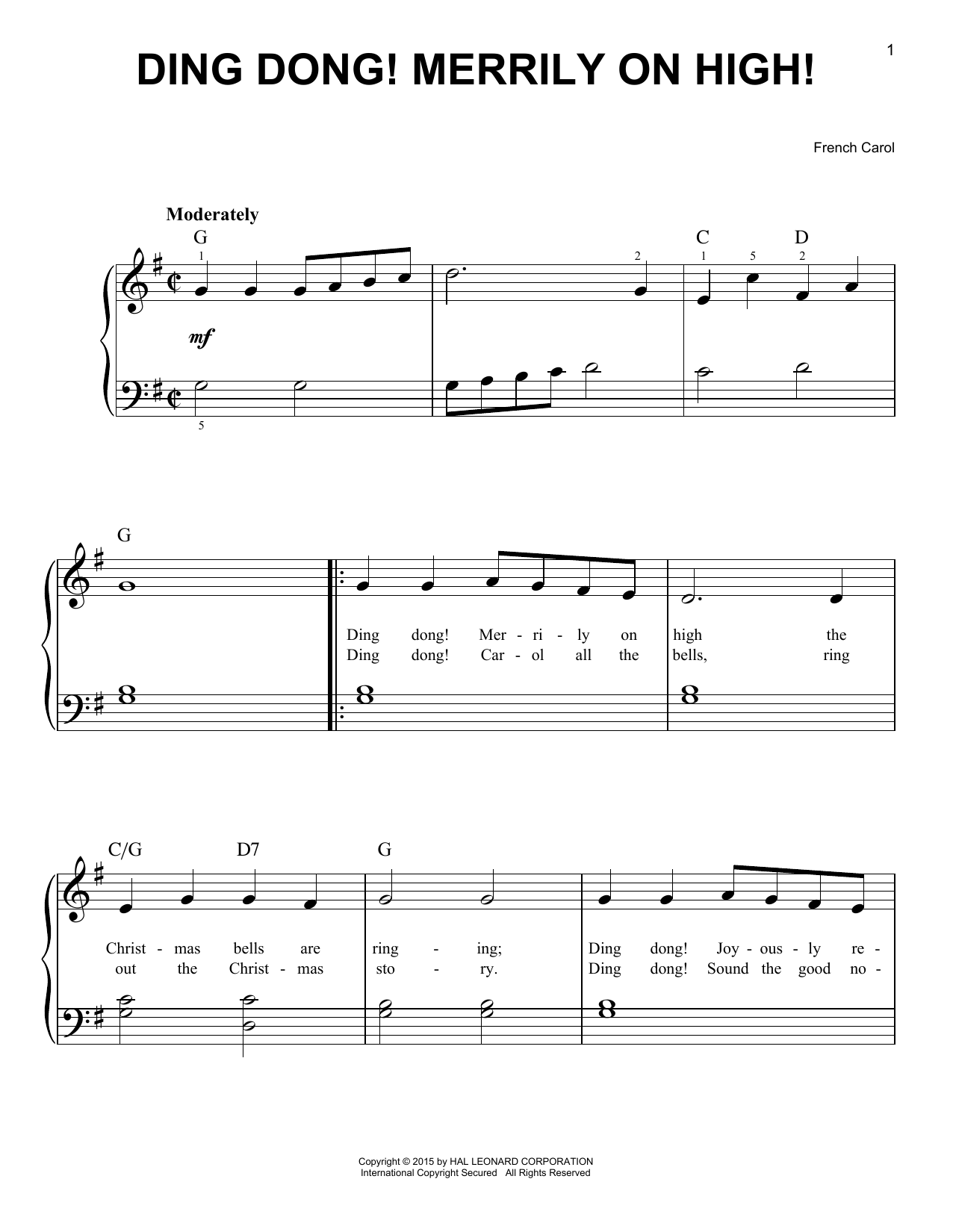 Christmas Carol Ding Dong! Merrily On High! Sheet Music Notes & Chords for Easy Piano - Download or Print PDF