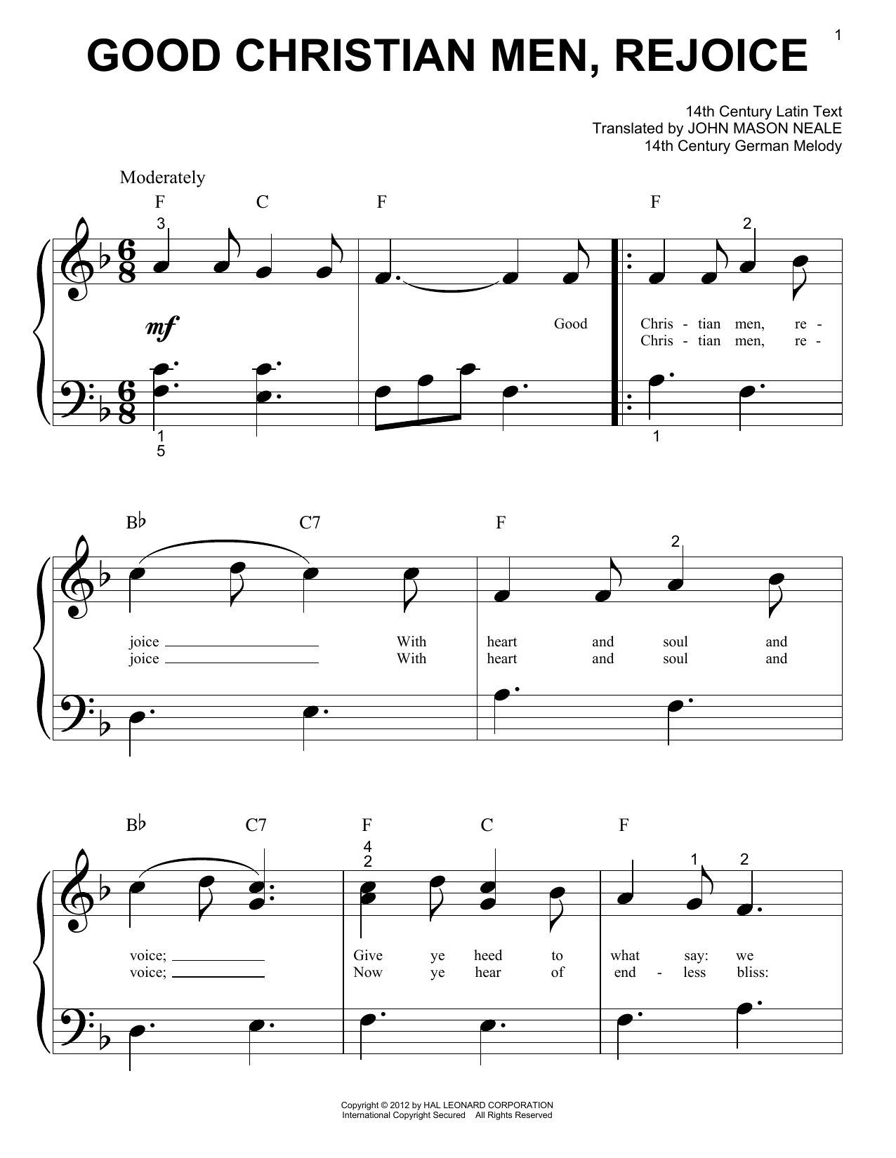 Christmas Carol Good Christian Men Rejoice Sheet Music Notes & Chords for Piano (Big Notes) - Download or Print PDF