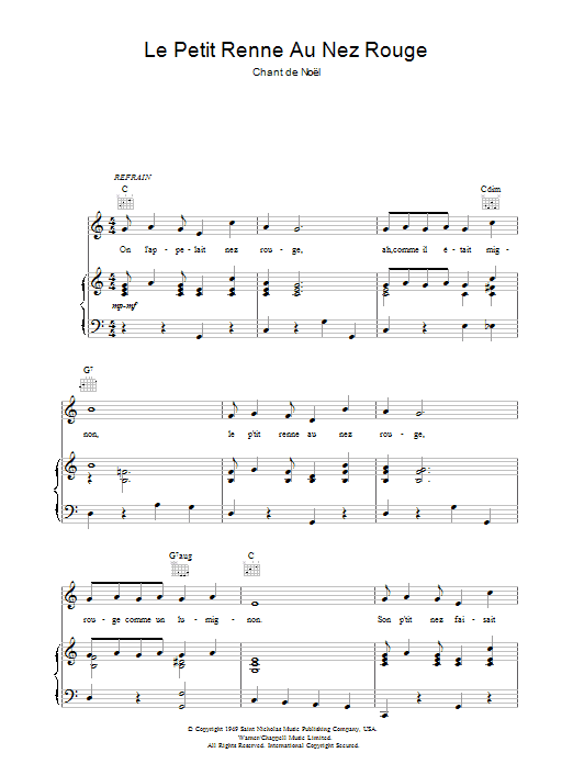 Chant de Noël Le Petit Renne Au Nez Rouge Sheet Music Notes & Chords for Piano, Vocal & Guitar (Right-Hand Melody) - Download or Print PDF