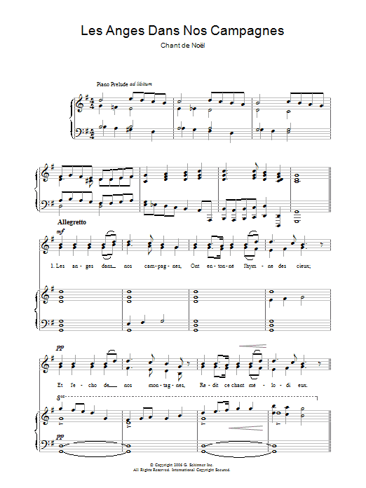 Chant de Noël Les Anges Dans Nos Campagnes Sheet Music Notes & Chords for Piano & Vocal - Download or Print PDF