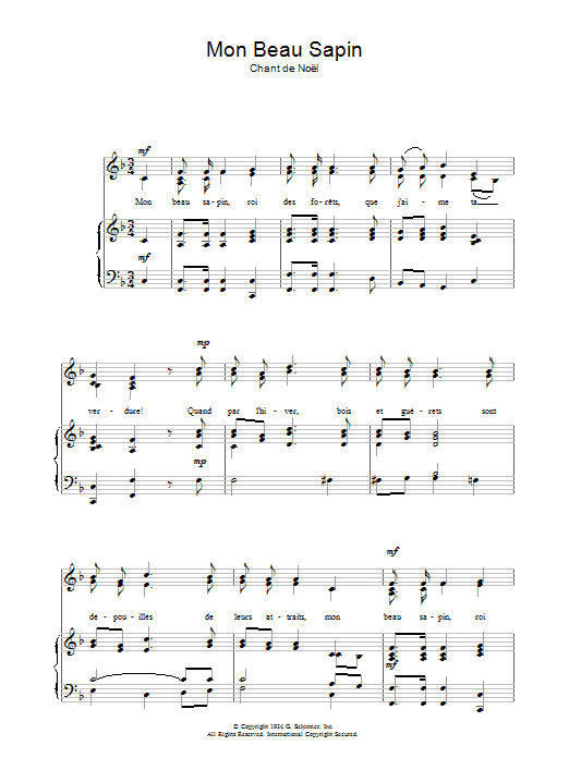 Chant de Noël Mon Beau Sapin Sheet Music Notes & Chords for Piano & Vocal - Download or Print PDF