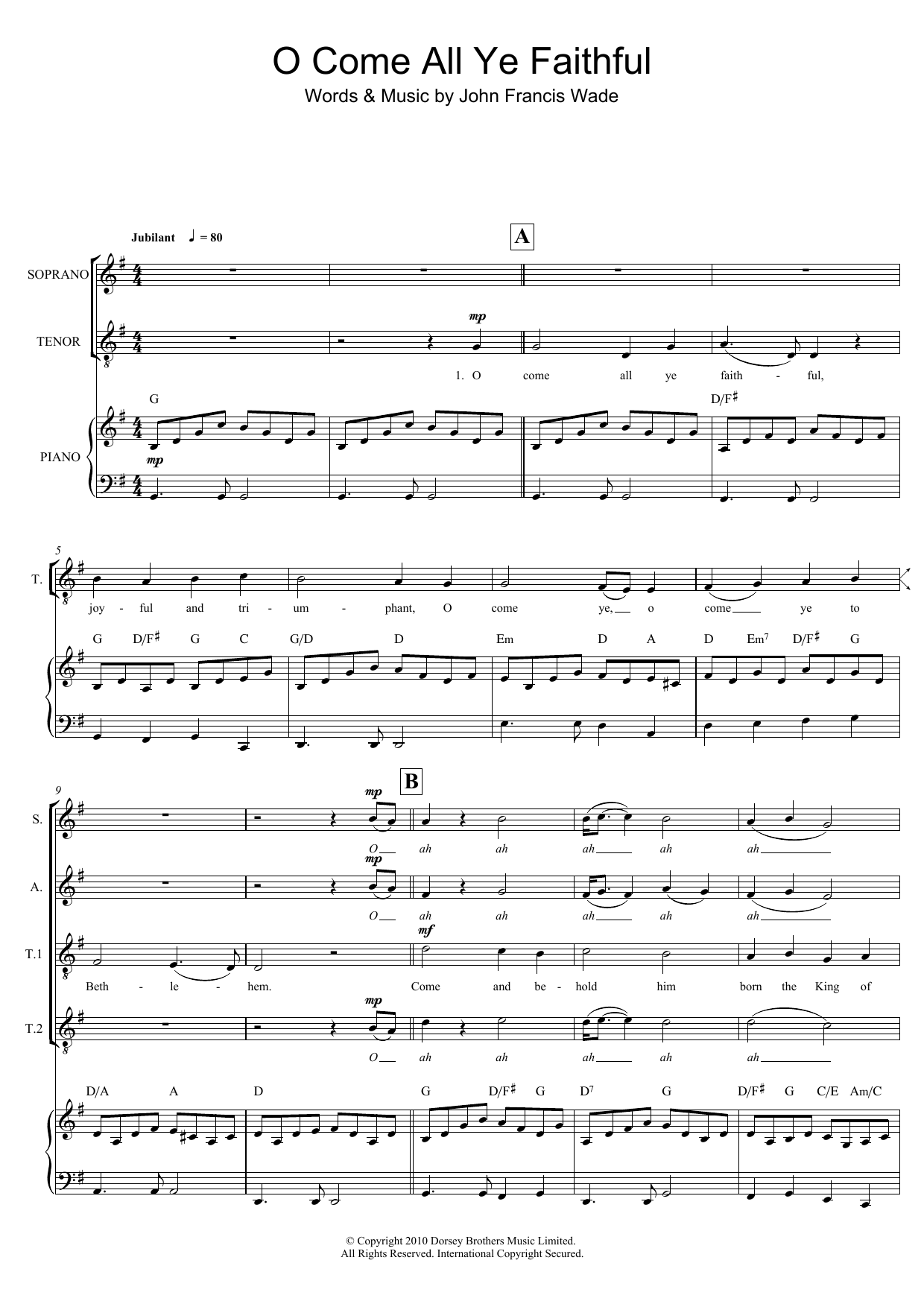 Christmas Carol O Come All Ye Faithful Sheet Music Notes & Chords for Piano Duet - Download or Print PDF