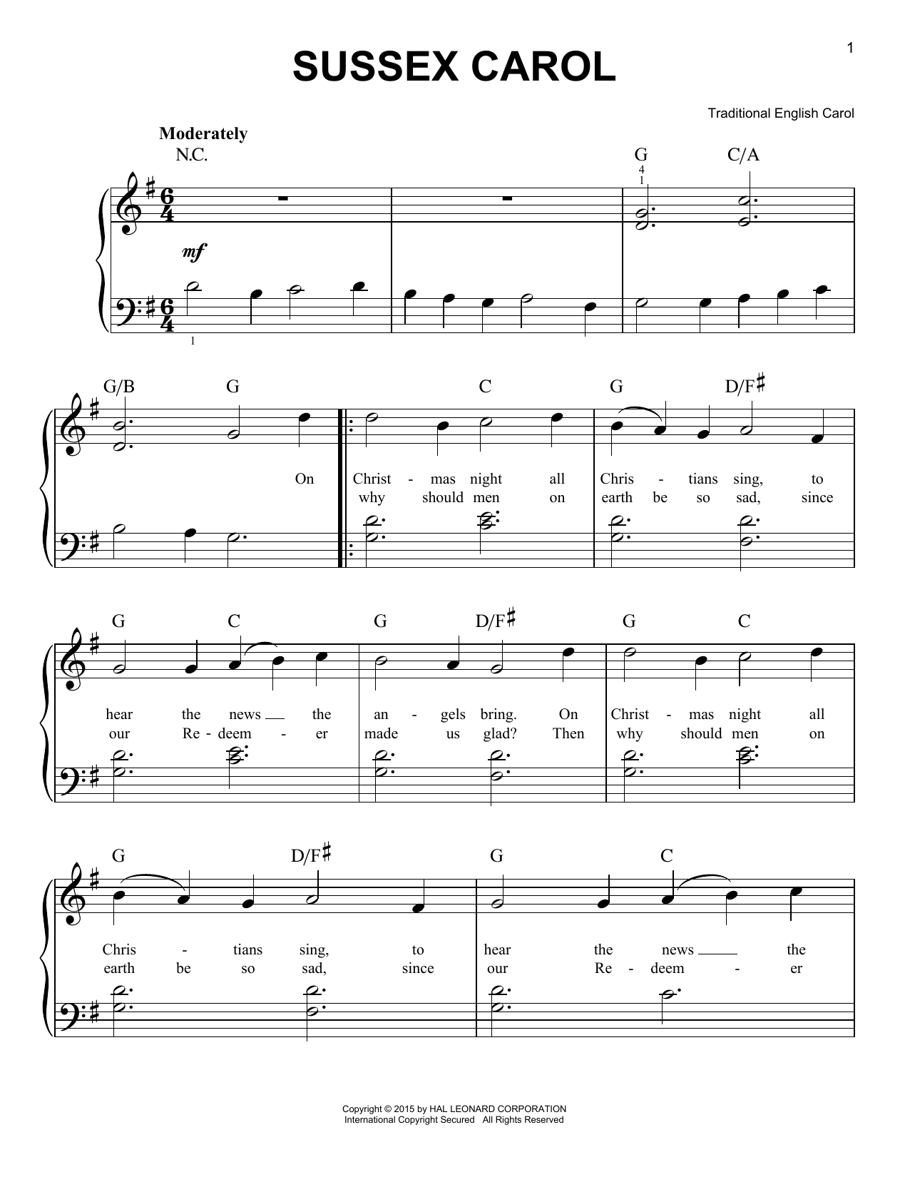 Christmas Carol Sussex Carol Sheet Music Notes & Chords for Easy Piano - Download or Print PDF