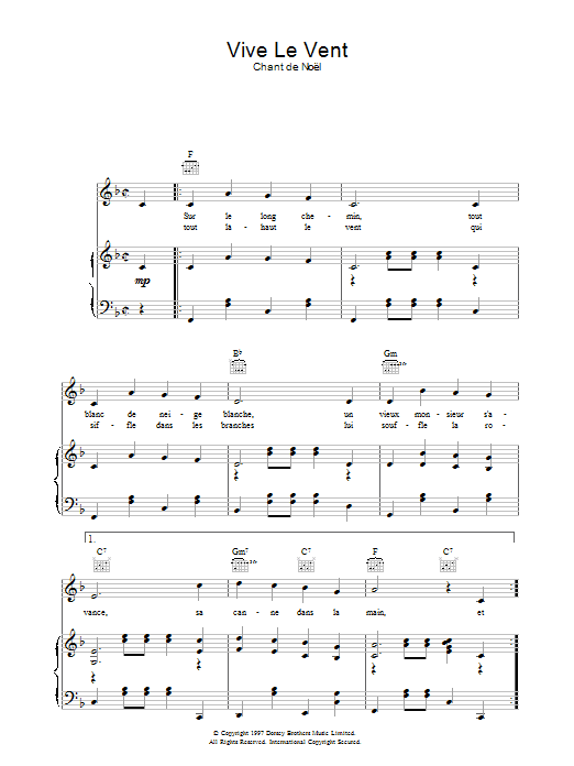 Chant de Noël Vive Le Vent Sheet Music Notes & Chords for Piano, Vocal & Guitar (Right-Hand Melody) - Download or Print PDF