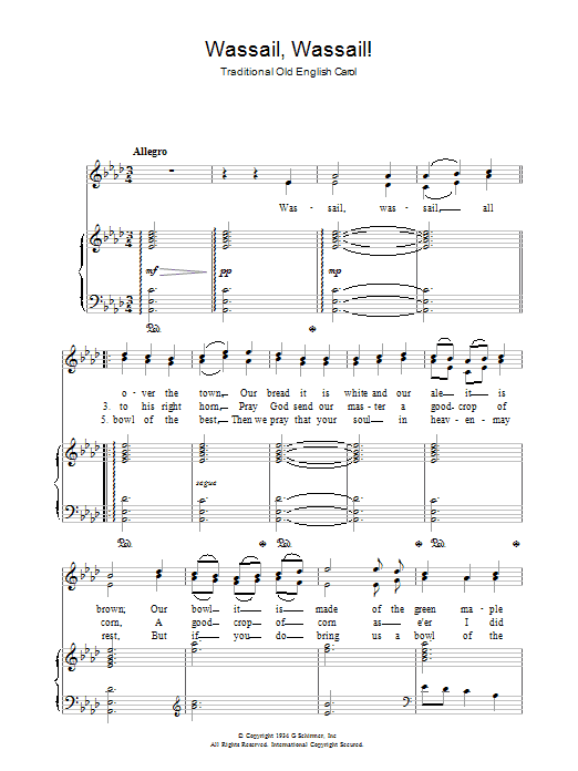 Christmas Carol Wassail! Wassail! Sheet Music Notes & Chords for Piano & Vocal - Download or Print PDF