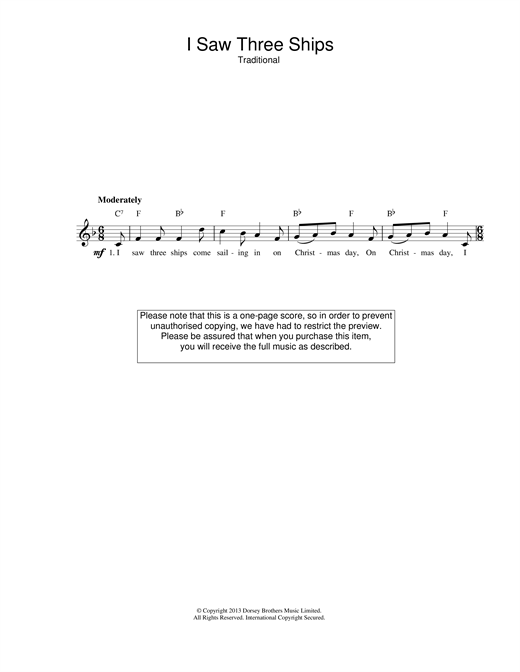 Christmas Carol I Saw Three Ships Sheet Music Notes & Chords for Lyrics & Chords - Download or Print PDF