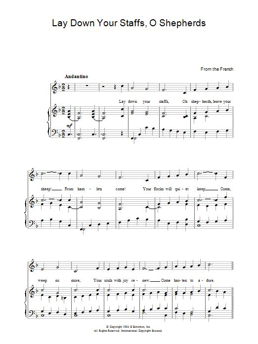 Preview Christmas Carol Lay Down Your Staffs, O Shepherds Christmas sheet music, notes and chords for Piano & Vocal, SKU: 37251 Lay Down Your Staffs, O Shepherds sheet music