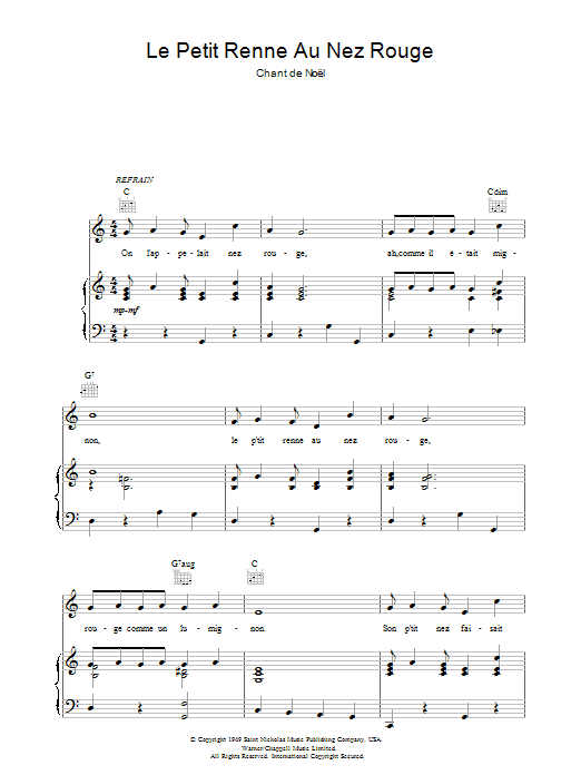 Preview Chant de Noël Le Petit Renne Au Nez Rouge Christmas sheet music, notes and chords for Piano, Vocal & Guitar (Right-Hand Melody), SKU: 37152 Le Petit Renne Au Nez Rouge sheet music