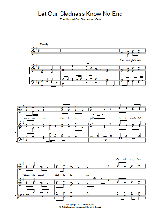 Preview Christmas Carol Let Our Gladness Know No End Christmas sheet music, notes and chords for Piano & Vocal, SKU: 37248 Let Our Gladness Know No End sheet music