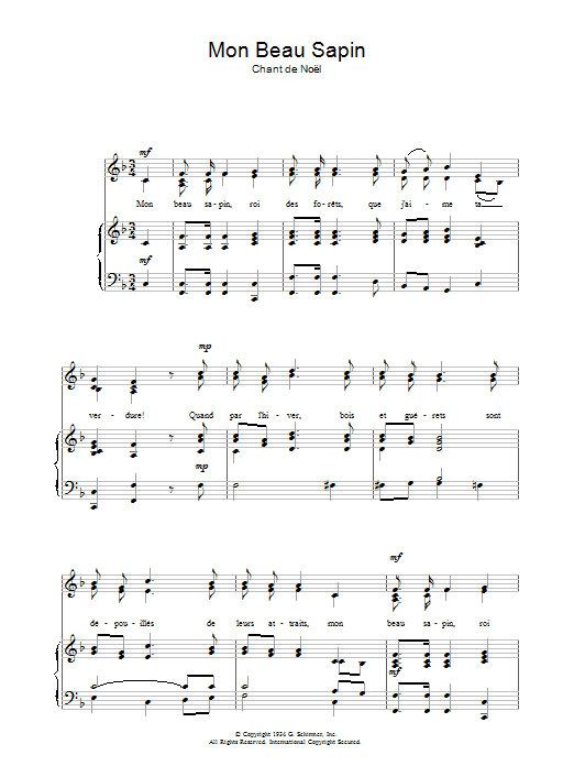 Preview Chant de Noël Mon Beau Sapin Christmas sheet music, notes and chords for Piano & Vocal, SKU: 37146 Mon Beau Sapin sheet music