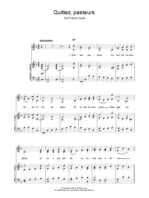 Preview Chant de Noël Quittez Pasteurs Christmas sheet music, notes and chords for Piano & Vocal, SKU: 37098 Quittez Pasteurs sheet music