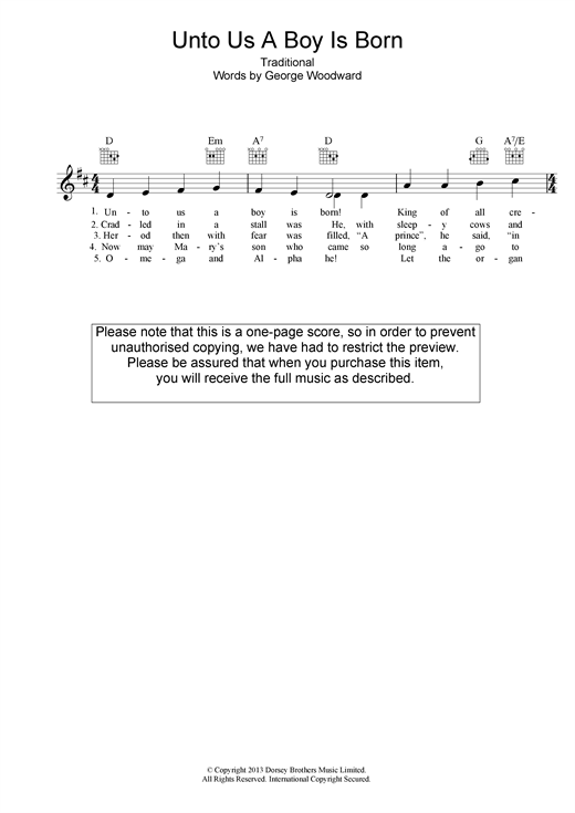 Preview Christmas Carol Unto Us A Boy Is Born Christmas sheet music, notes and chords for Piano & Vocal, SKU: 32809 Unto Us A Boy Is Born sheet music