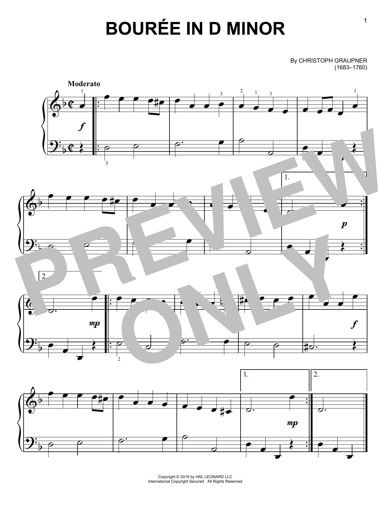 Christoph Graupner Bourree In D Minor Sheet Music Notes & Chords for Easy Piano - Download or Print PDF