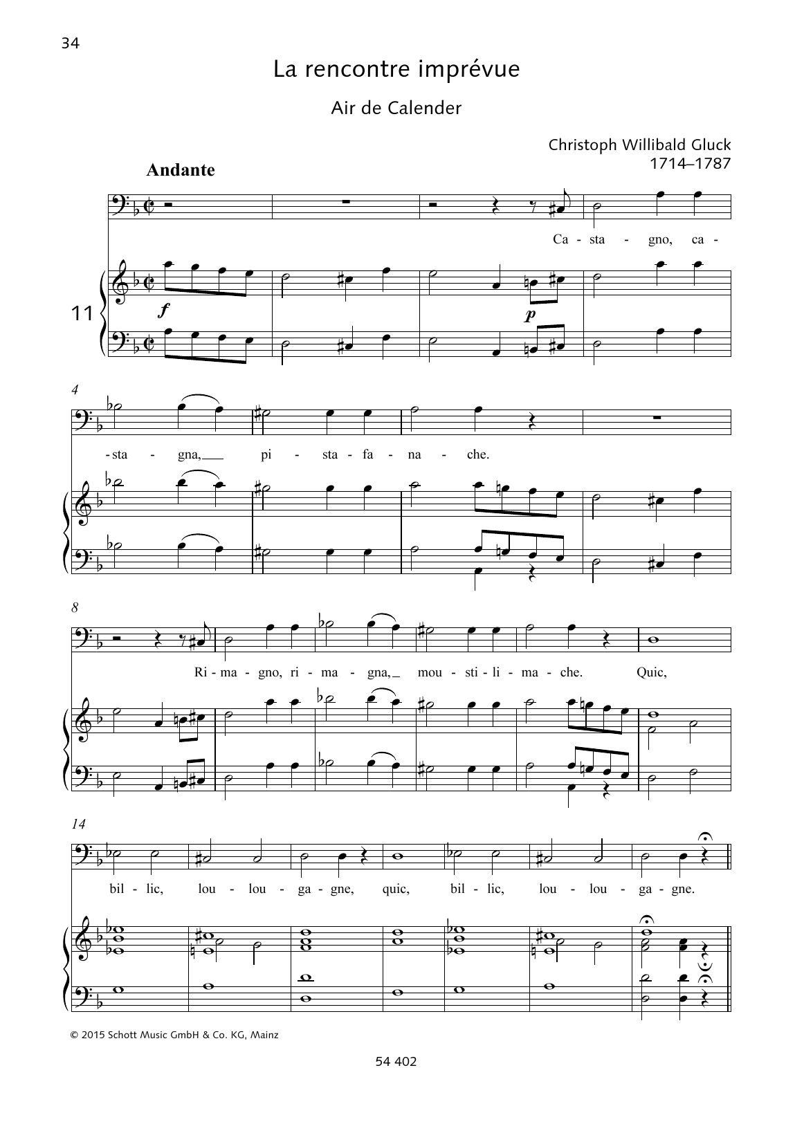 Christoph Willibald Gluck Castagno, castagna, pistafanache Sheet Music Notes & Chords for Piano & Vocal - Download or Print PDF