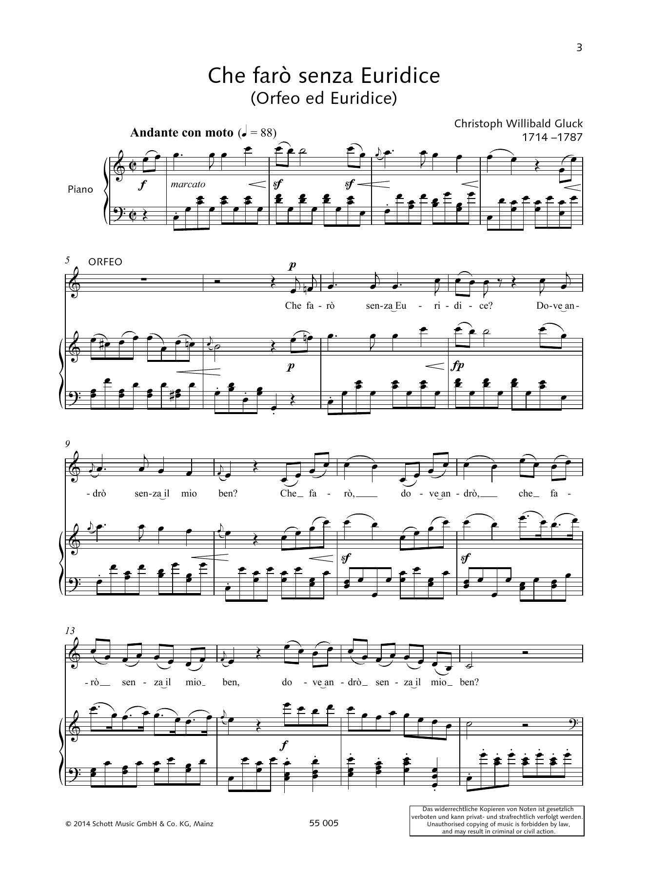 Christoph Willibald Gluck Che faro senza Euridice Sheet Music Notes & Chords for Piano & Vocal - Download or Print PDF