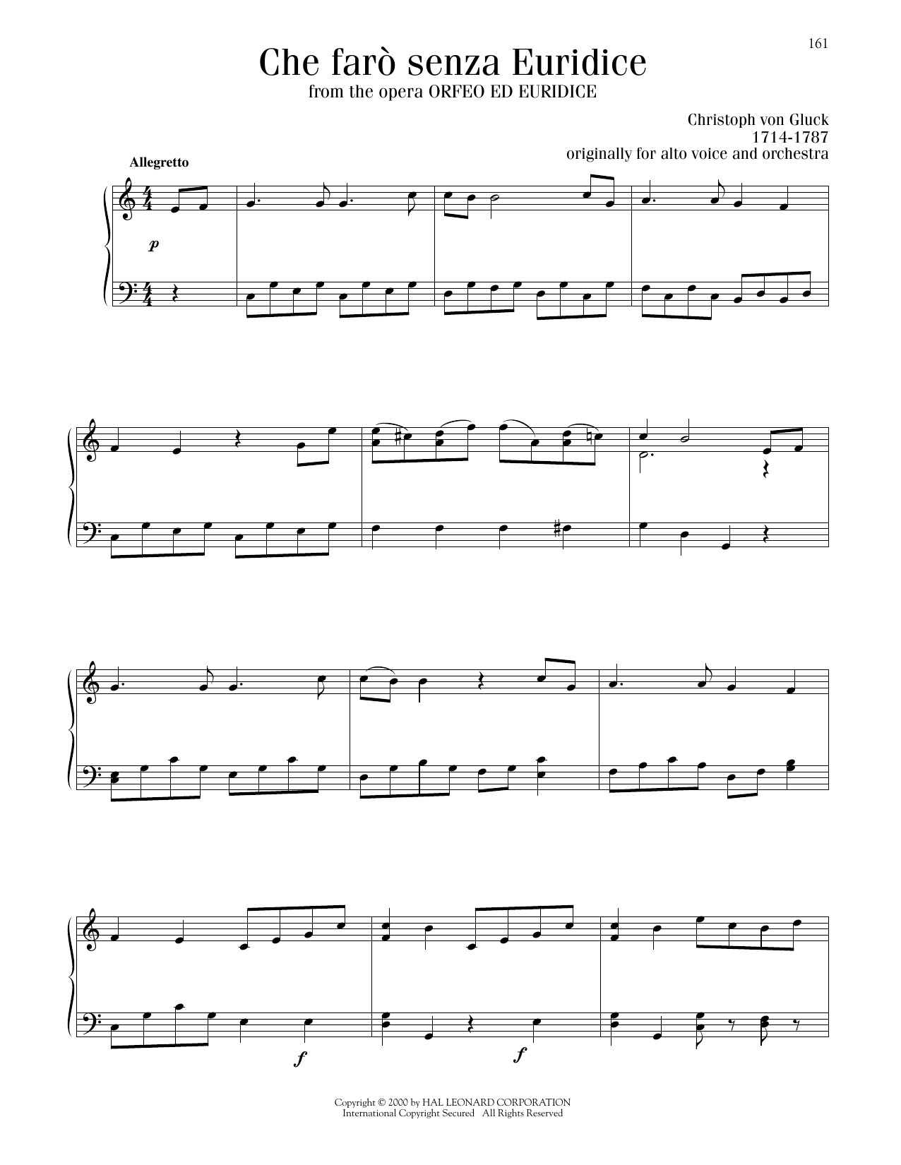 Christoph Willibald Gluck Che Faro Senza Euridice? (Orpheus And Eurydice) Sheet Music Notes & Chords for Piano Solo - Download or Print PDF