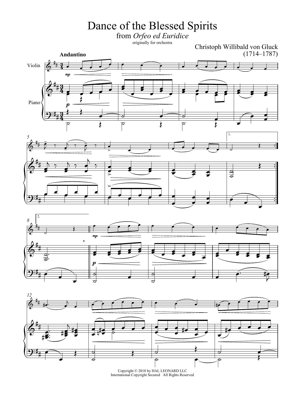 Christoph Willibald Gluck Dance Of The Spirits Sheet Music Notes & Chords for Violin and Piano - Download or Print PDF