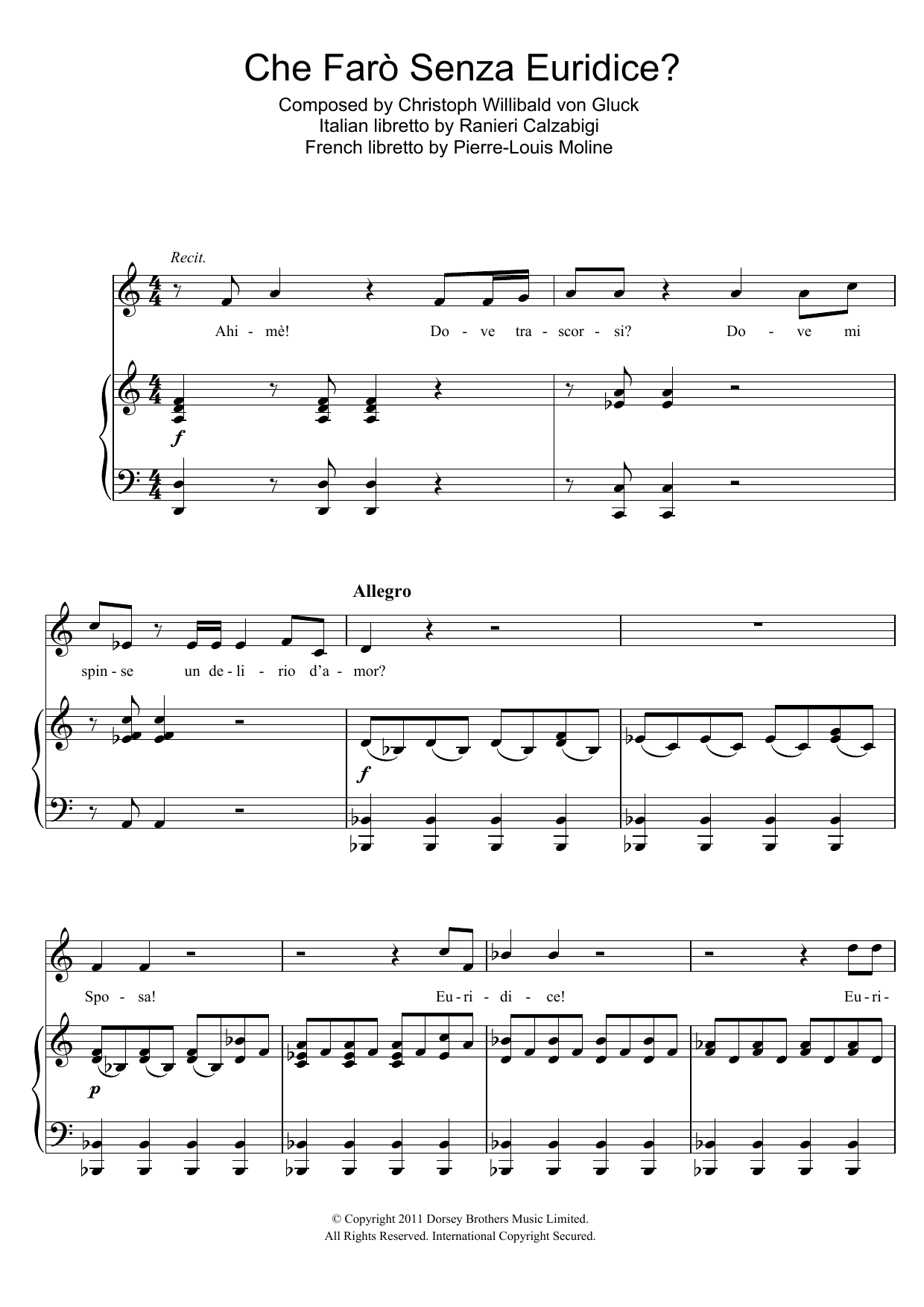 Christoph Willibald von Gluck Che Faro Senza Euridice (from Orfeo ed Euridice) Sheet Music Notes & Chords for Piano & Vocal - Download or Print PDF
