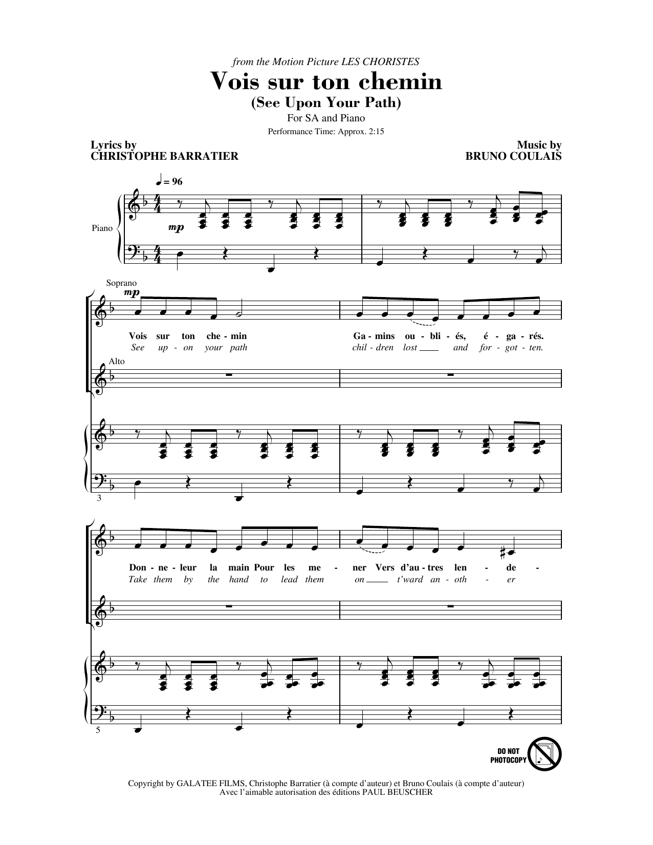 Christophe Barratier and Bruno Coulais Vois sur ton chemin (See Upon Your Path) (from Les Choristes) Sheet Music Notes & Chords for 2-Part Choir - Download or Print PDF