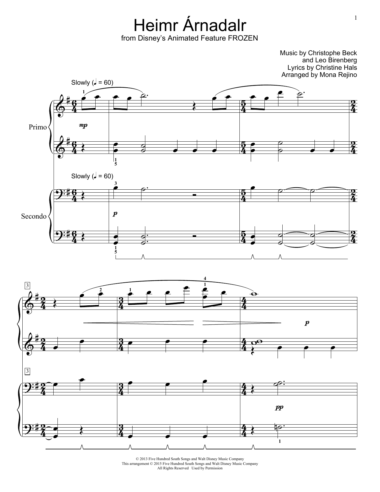 Christophe Beck Heimr Arnadalr (from Disney's Frozen) (arr. Mona Rejino) Sheet Music Notes & Chords for Piano Duet - Download or Print PDF