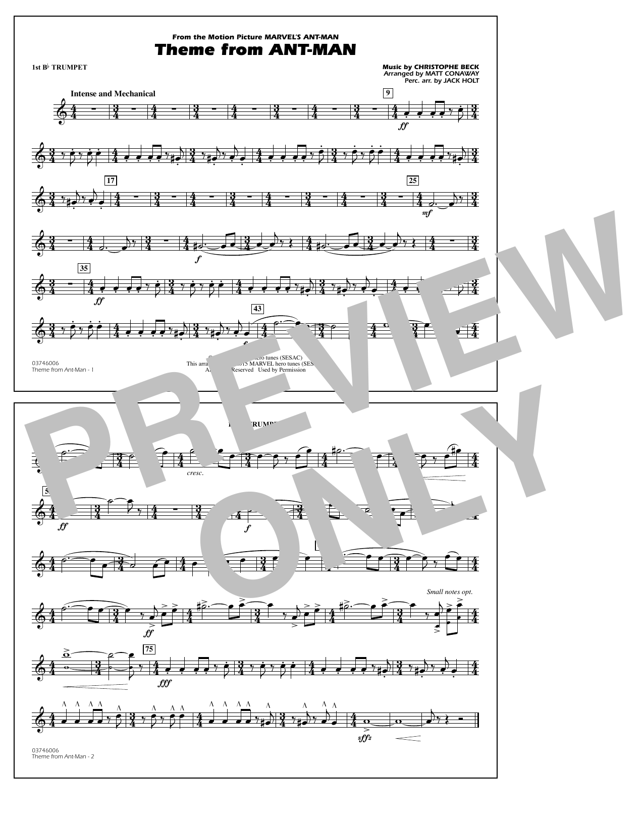Christophe Beck Theme from Ant-Man (Arr. Matt Conaway) - 1st Bb Trumpet Sheet Music Notes & Chords for Marching Band - Download or Print PDF