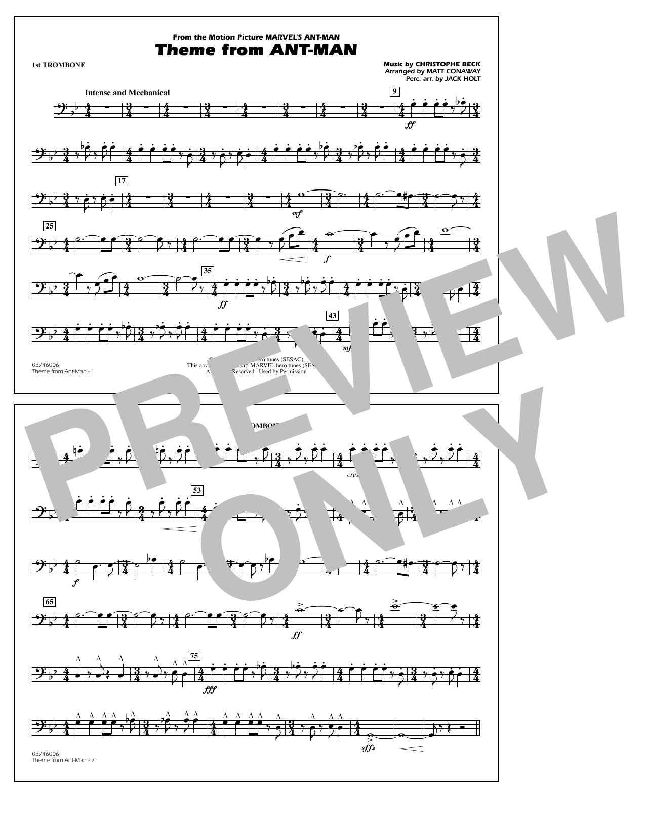 Christophe Beck Theme from Ant-Man (Arr. Matt Conaway) - 1st Trombone Sheet Music Notes & Chords for Marching Band - Download or Print PDF