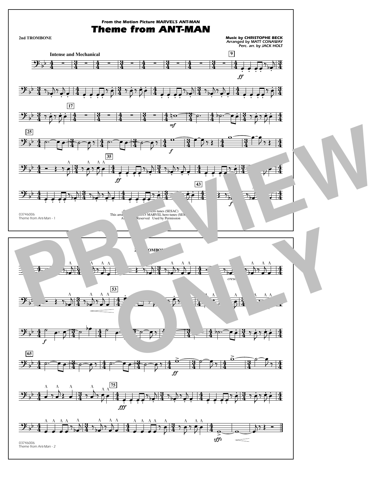 Christophe Beck Theme from Ant-Man (Arr. Matt Conaway) - 2nd Trombone Sheet Music Notes & Chords for Marching Band - Download or Print PDF