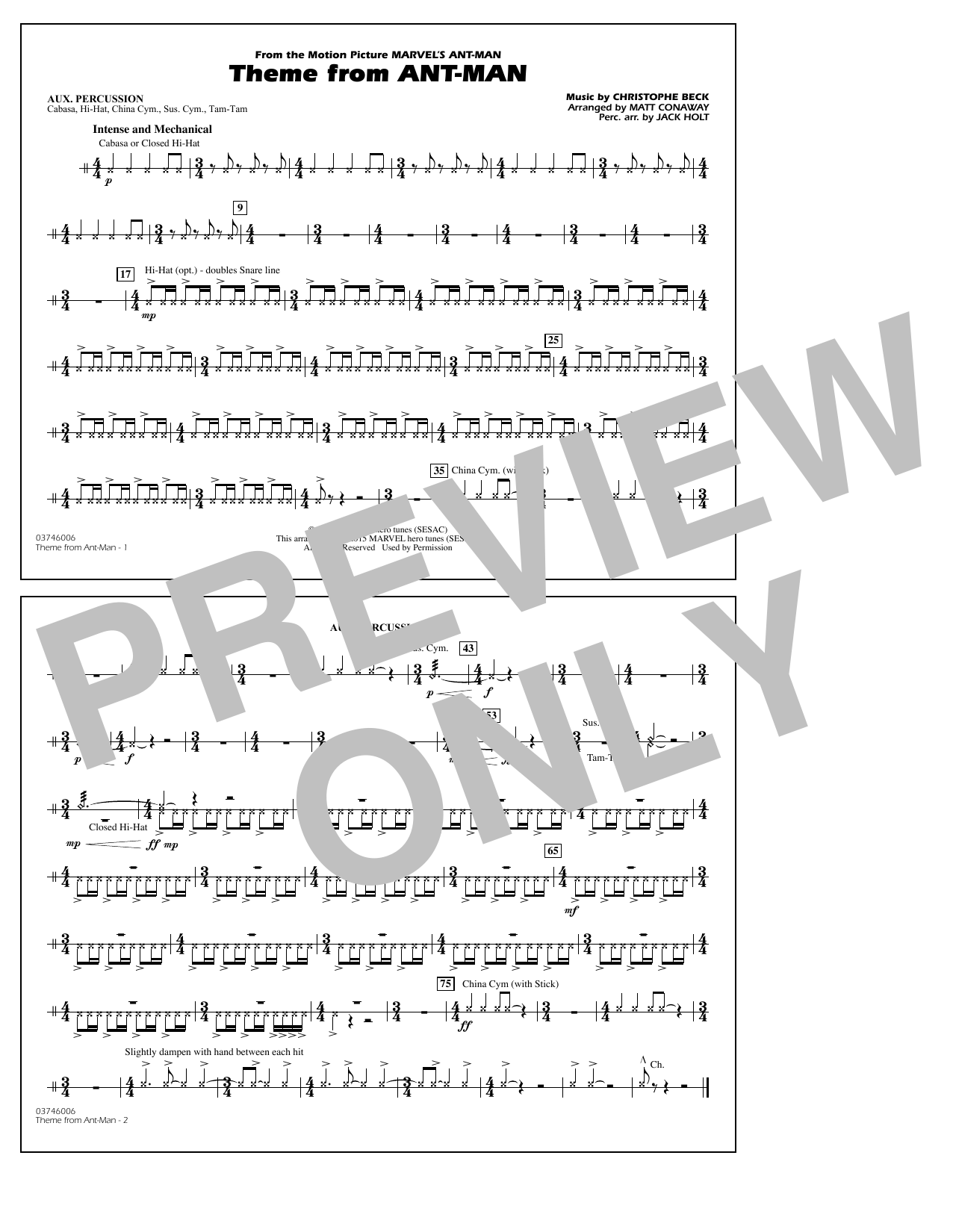 Christophe Beck Theme from Ant-Man (Arr. Matt Conaway) - Aux Percussion Sheet Music Notes & Chords for Marching Band - Download or Print PDF