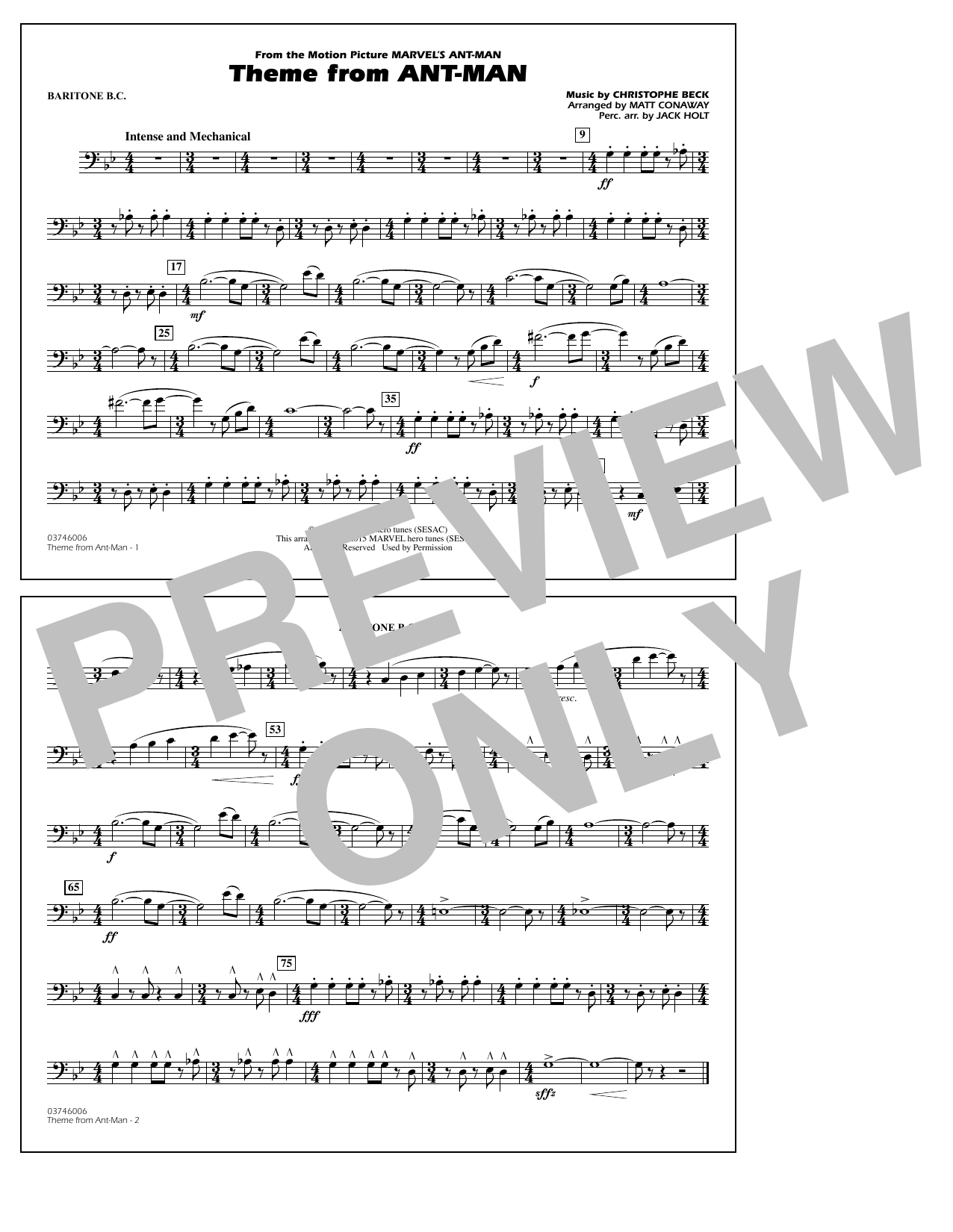 Christophe Beck Theme from Ant-Man (Arr. Matt Conaway) - Baritone B.C. Sheet Music Notes & Chords for Marching Band - Download or Print PDF