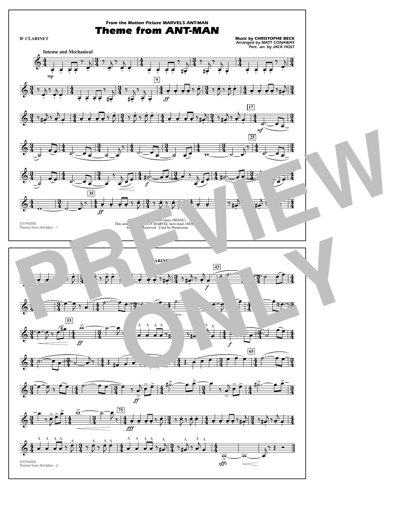 Christophe Beck Theme from Ant-Man (Arr. Matt Conaway) - Bb Clarinet Sheet Music Notes & Chords for Marching Band - Download or Print PDF