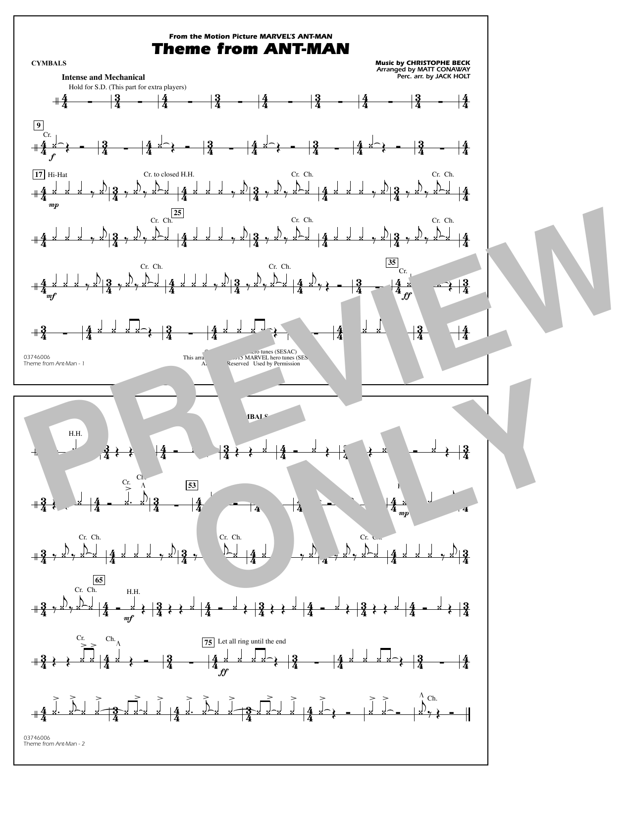 Christophe Beck Theme from Ant-Man (Arr. Matt Conaway) - Cymbals Sheet Music Notes & Chords for Marching Band - Download or Print PDF