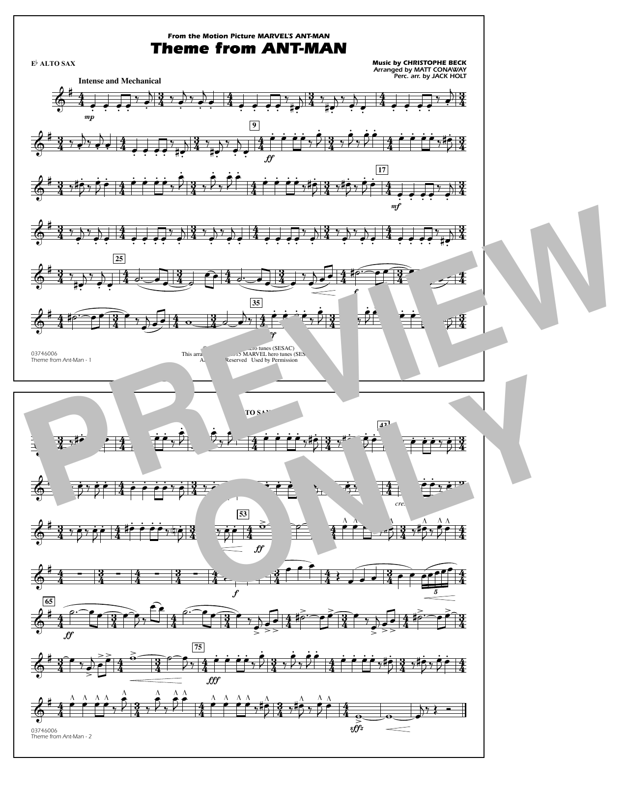 Christophe Beck Theme from Ant-Man (Arr. Matt Conaway) - Eb Alto Sax Sheet Music Notes & Chords for Marching Band - Download or Print PDF