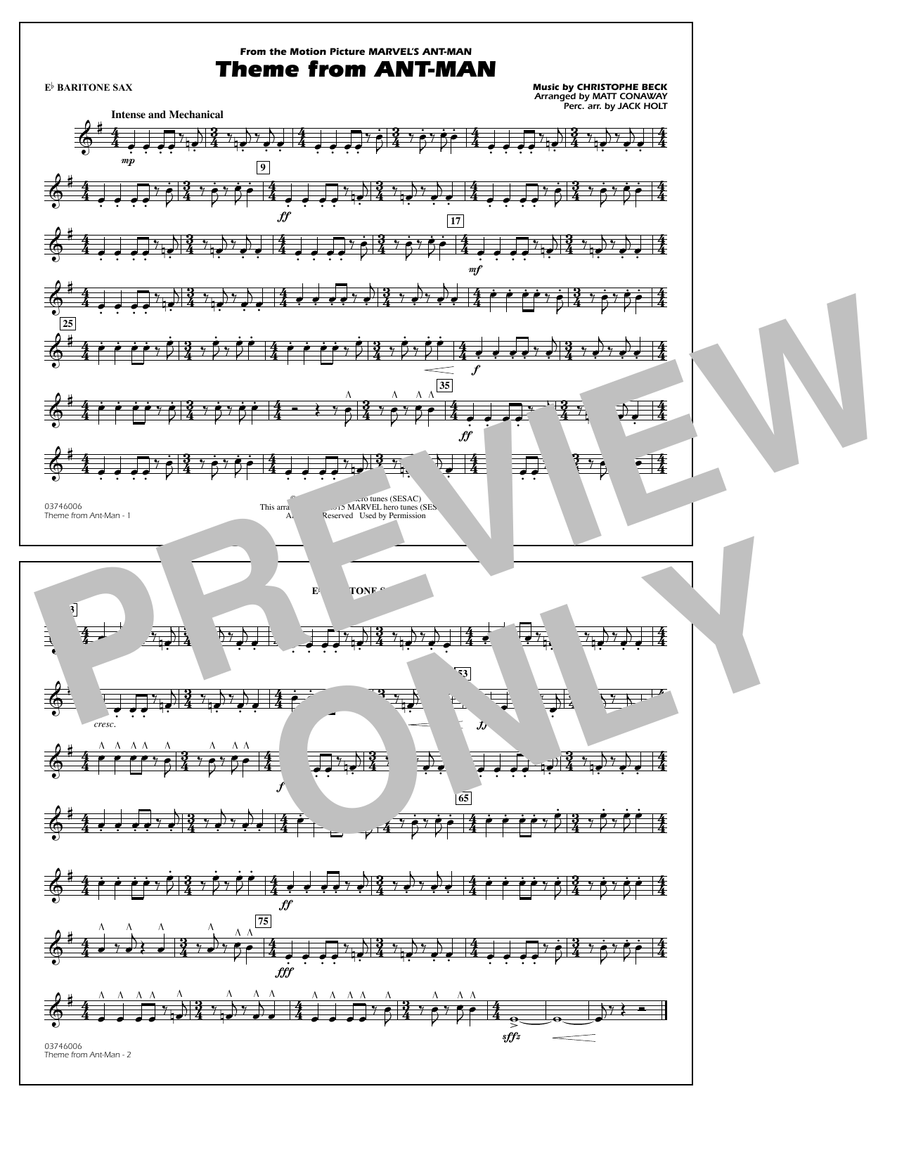 Christophe Beck Theme from Ant-Man (Arr. Matt Conaway) - Eb Baritone Sax Sheet Music Notes & Chords for Marching Band - Download or Print PDF