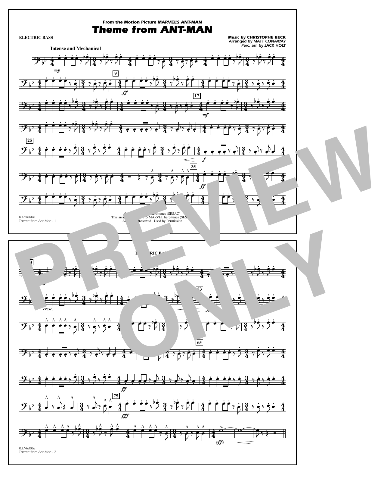 Christophe Beck Theme from Ant-Man (Arr. Matt Conaway) - Electric Bass Sheet Music Notes & Chords for Marching Band - Download or Print PDF