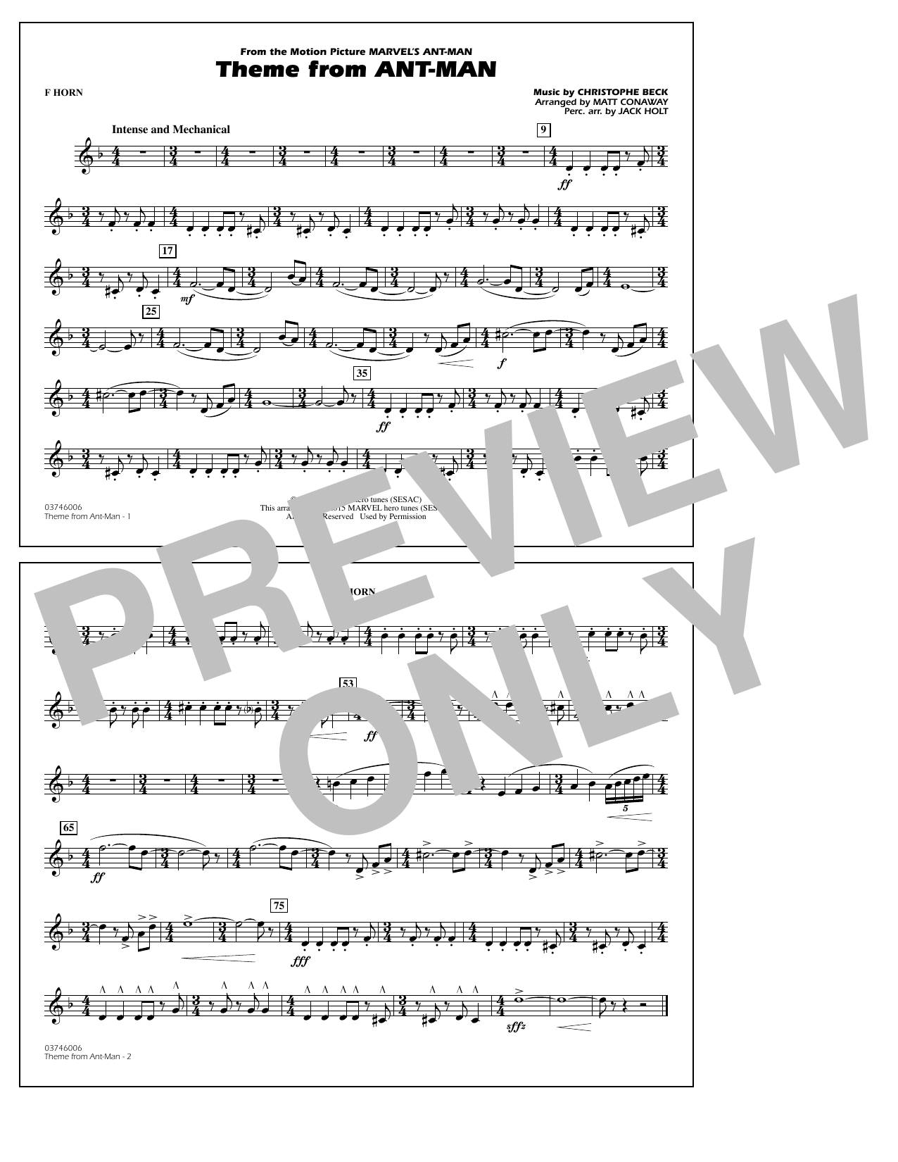 Christophe Beck Theme from Ant-Man (Arr. Matt Conaway) - F Horn Sheet Music Notes & Chords for Marching Band - Download or Print PDF