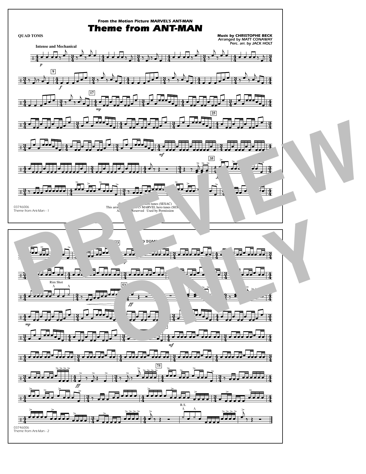 Christophe Beck Theme from Ant-Man (Arr. Matt Conaway) - Quad Toms Sheet Music Notes & Chords for Marching Band - Download or Print PDF