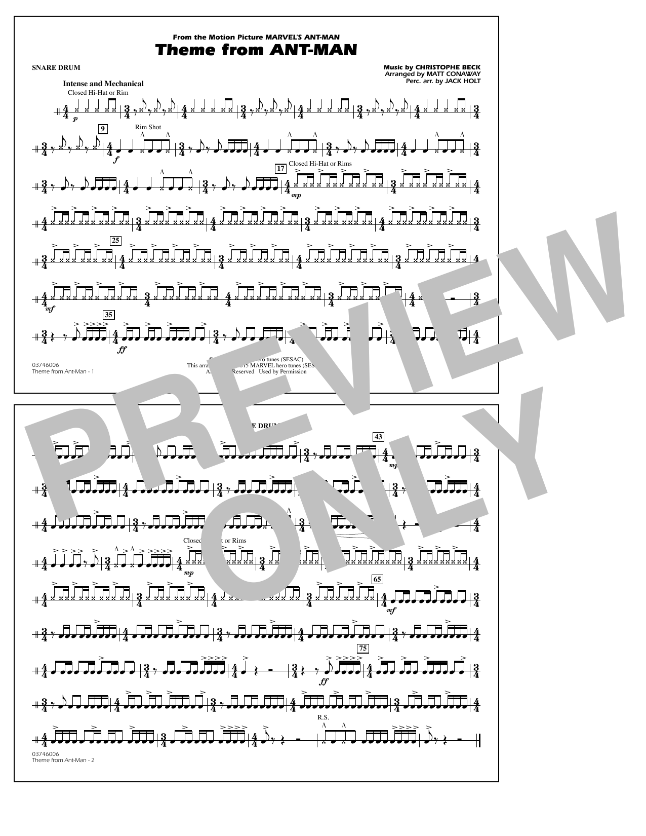Christophe Beck Theme from Ant-Man (Arr. Matt Conaway) - Snare Drum Sheet Music Notes & Chords for Marching Band - Download or Print PDF