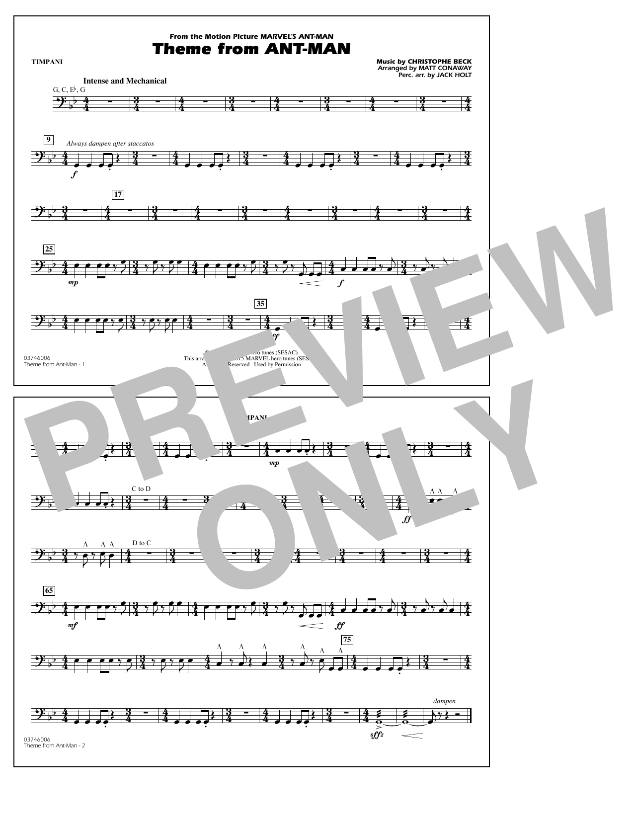 Christophe Beck Theme from Ant-Man (Arr. Matt Conaway) - Timpani Sheet Music Notes & Chords for Marching Band - Download or Print PDF