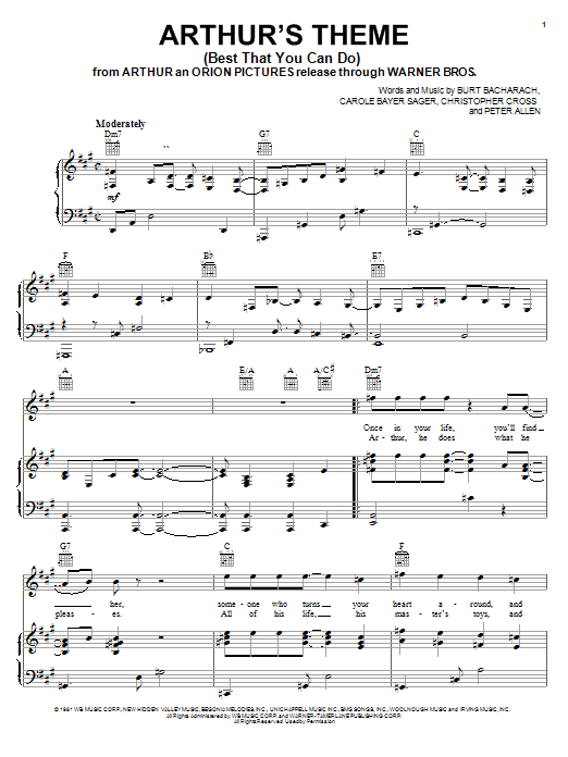 Christopher Cross Arthur's Theme (Best That You Can Do) Sheet Music Notes & Chords for Piano, Vocal & Guitar (Right-Hand Melody) - Download or Print PDF