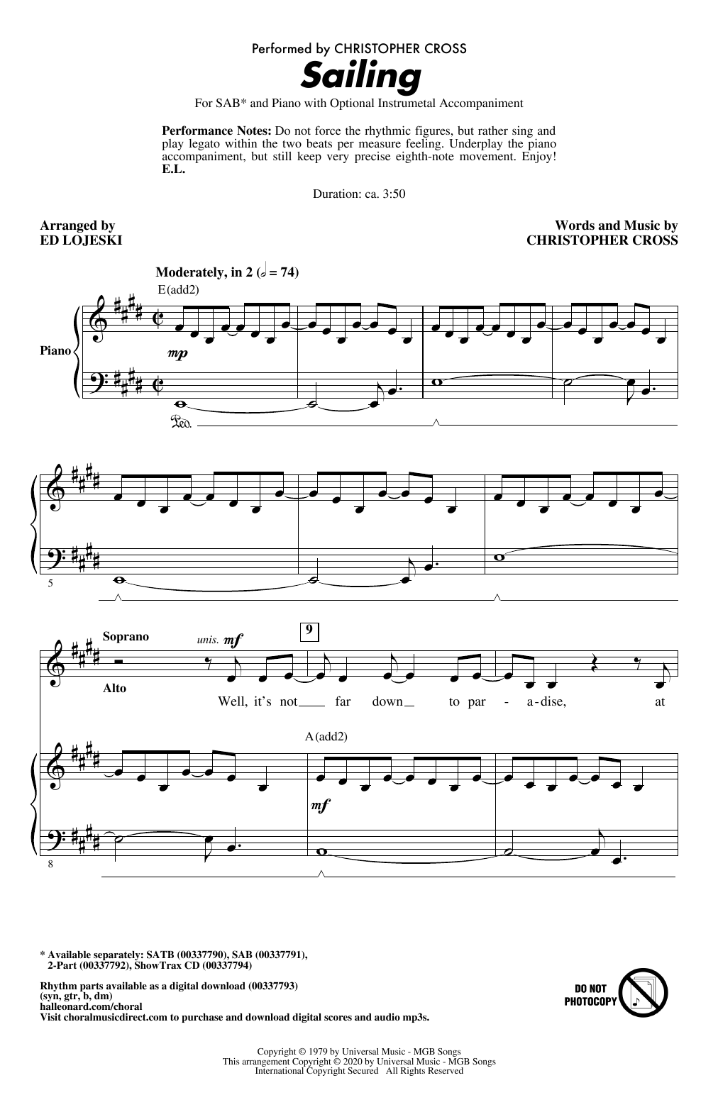 Christopher Cross Sailing (arr. Ed Lojeski) Sheet Music Notes & Chords for SATB Choir - Download or Print PDF