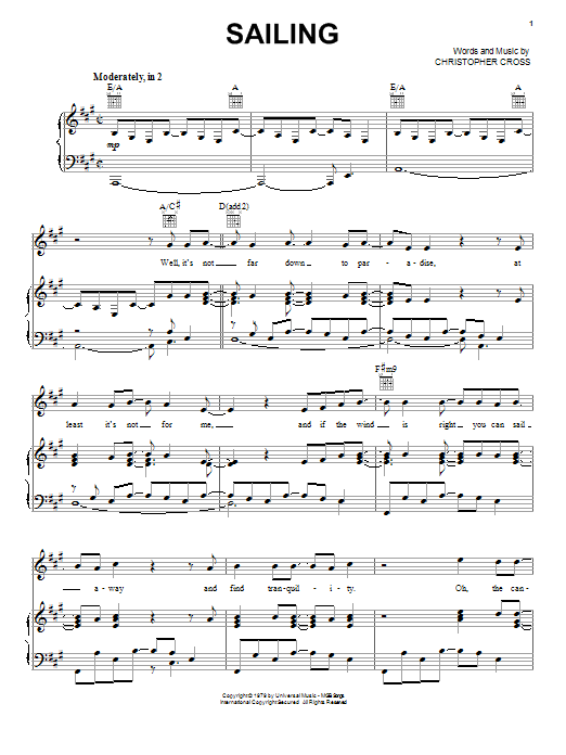 Christopher Cross Sailing Sheet Music Notes & Chords for Lyrics & Chords - Download or Print PDF