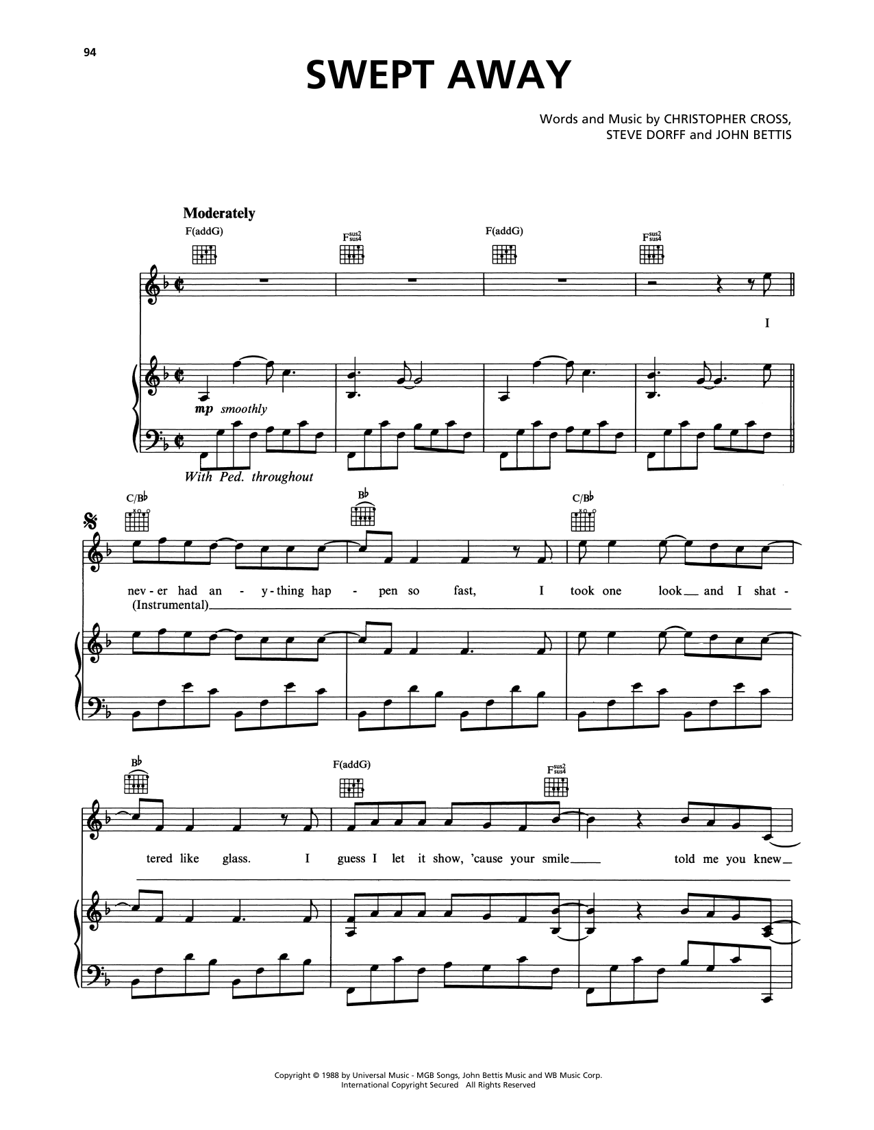 Christopher Cross Swept Away Sheet Music Notes & Chords for Piano, Vocal & Guitar Chords (Right-Hand Melody) - Download or Print PDF