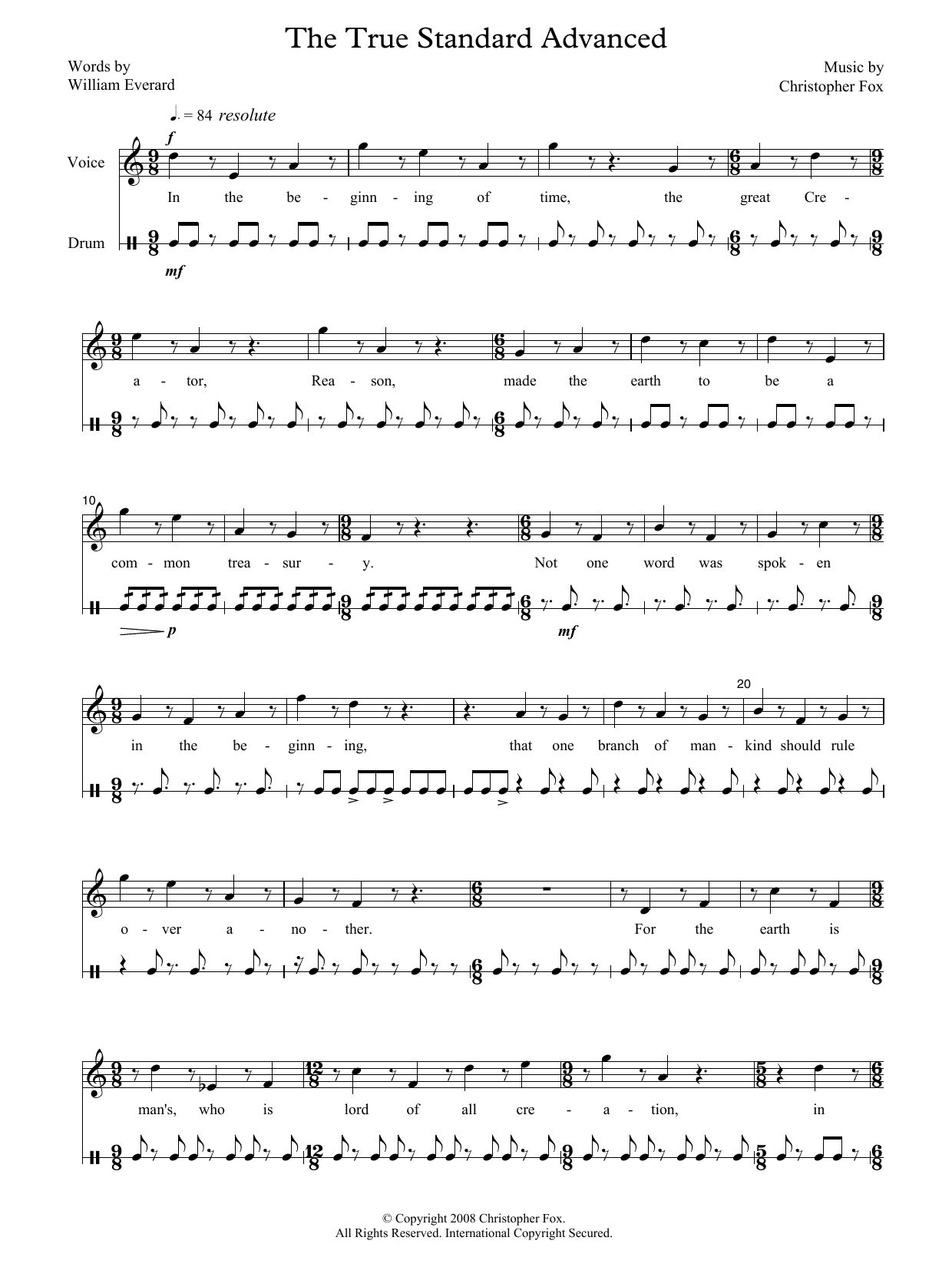 Christopher Fox The True Standard Advanced (for voice and drum) Sheet Music Notes & Chords for Piano & Vocal - Download or Print PDF