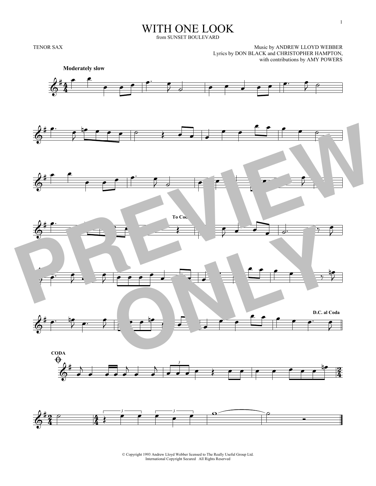 Christopher Hampton With One Look Sheet Music Notes & Chords for Tenor Saxophone - Download or Print PDF