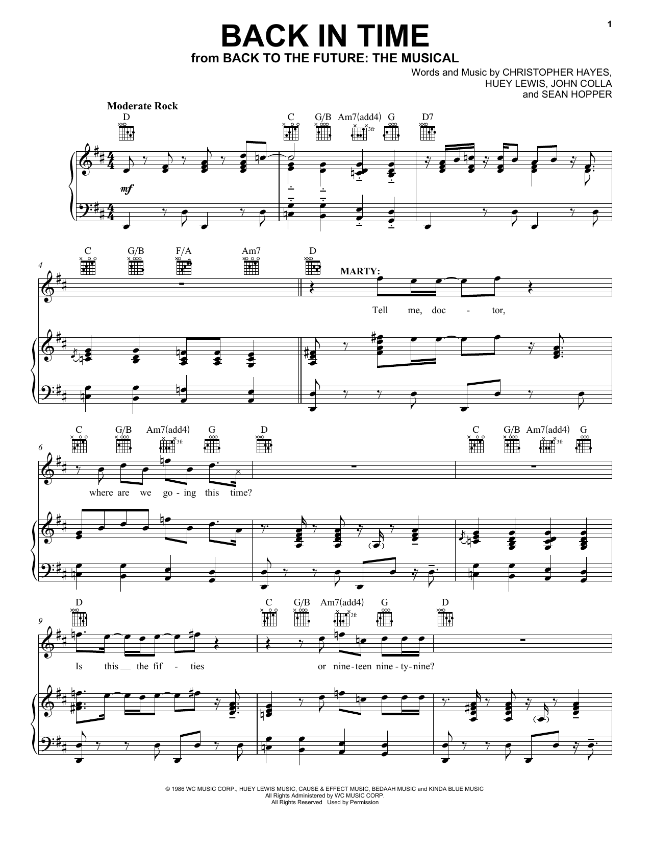 Christopher Hayes Back In Time (from Back To The Future: The Musical) Sheet Music Notes & Chords for Piano, Vocal & Guitar Chords (Right-Hand Melody) - Download or Print PDF