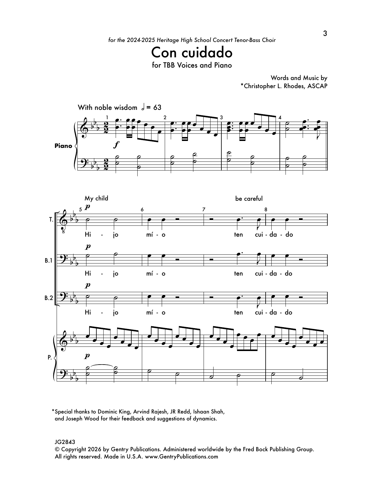 Christopher L. Rhodes Con Cuidado Sheet Music Notes & Chords for TBB Choir - Download or Print PDF